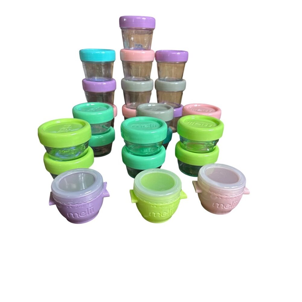 7492.. melii smaal glass baby food jars puree  1 oz jars 12  2 oz jars 10 and 3